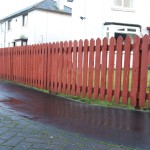 These green pressure treated softwood pointed picket fence pales/slats are shown here in a garden fence with a backing rail