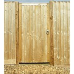 Charlton country wooden gate made from featheredge board, shown in garden setting with featheredge board either side