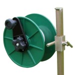 Rutland reel with post holder, shown attached to post