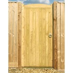 Charltons Wellow wooden gate with arched top and tongue &groove match boarding.  Shown in the middle of a featheredge fence.
