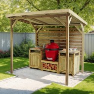 Zest Truro garden shelter shown with a wooden kitchen range