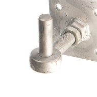 Adjustable gate hanger on 4" x 4" plate, close up