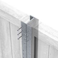 Dura Post metal posts shown being attached to two composite fence panels