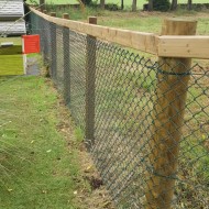Uniform round wooden fence post shown in a fence