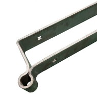 Close up of offset hinge for wooden gate