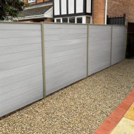 Birkdale DuraPost Ash Vista composite fencing boards shown with olive grey rails and posts