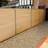 DuraPost Vista Cedar composite fence panels shown with Olive Grey classic DuraPosts