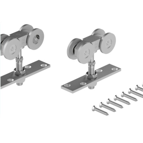 These 4 wheel hangers with fixing plate for timber doors, are for use with Coburn 216 series for top hung gates up to 200 kg.