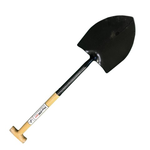 Round mouth shovel with metal head and wooden shaft