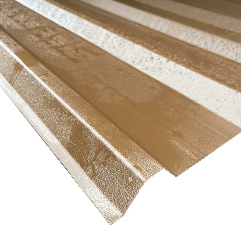 Van Dyke Brown 0.7mm plastisol 1000/32 roof profile sheets seen from the side