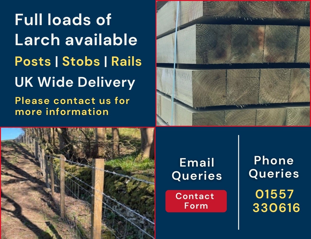 Full load Larch posts, stobs, rails available, please contact us
