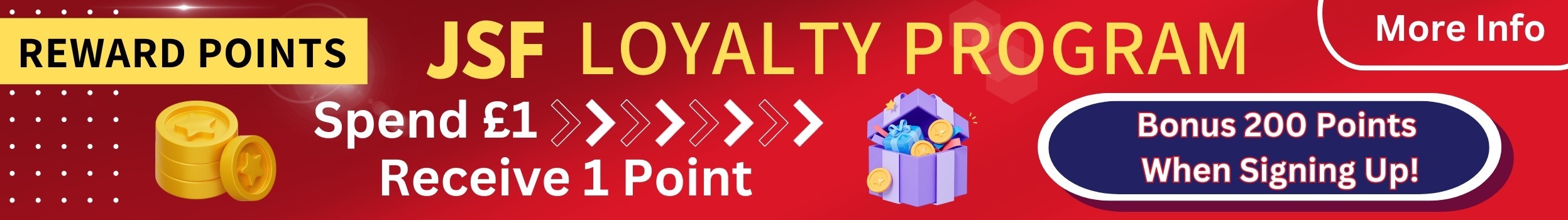 JSF rewards points, sign up and receive 200 points. £1 spent earns 1 point
