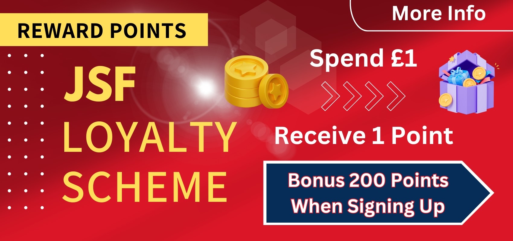JSF rewards points, sign up and receive 200 points. £1 spent earns 1 point